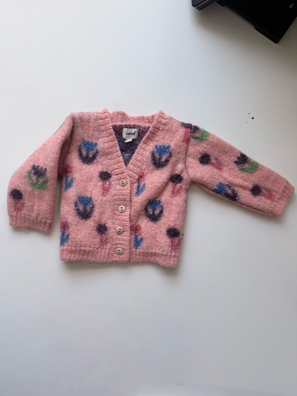 Oeuf Pink Floral Knit Button Cardigan 6-12m
